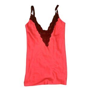 Victoria's Secret Lingerie - Red Satin Nightgown - Black Lace Trim - Size Small